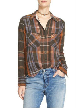 Free People Linen Blend Wesley Plaid Boyfriend Button Down XS Southwestern